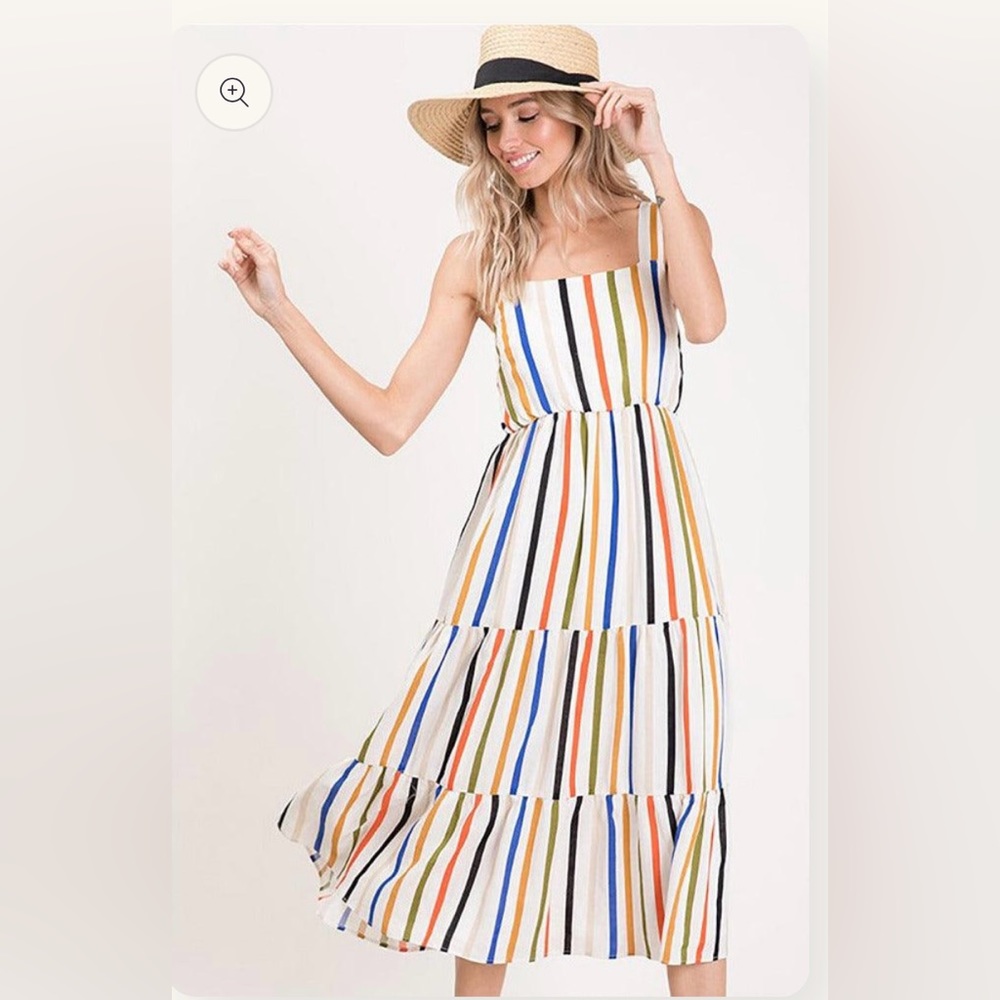 CES Femme Strap Sleeveless Multi Stripe Ruffle Midi Dress Flowy Tiered M
